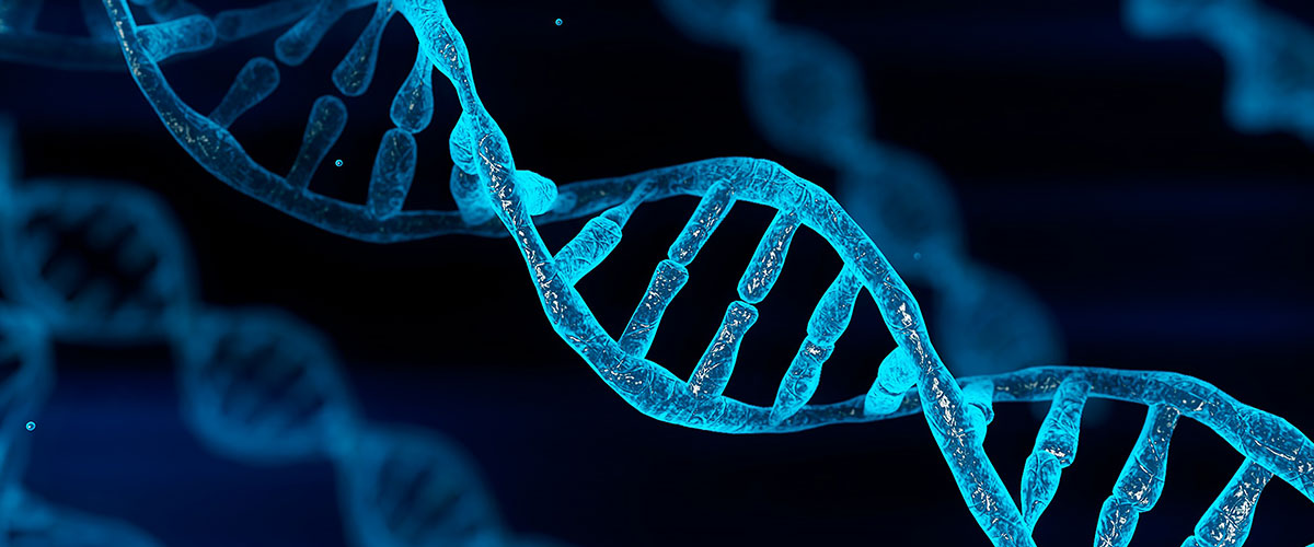 Light blue digital illustration of DNA strand